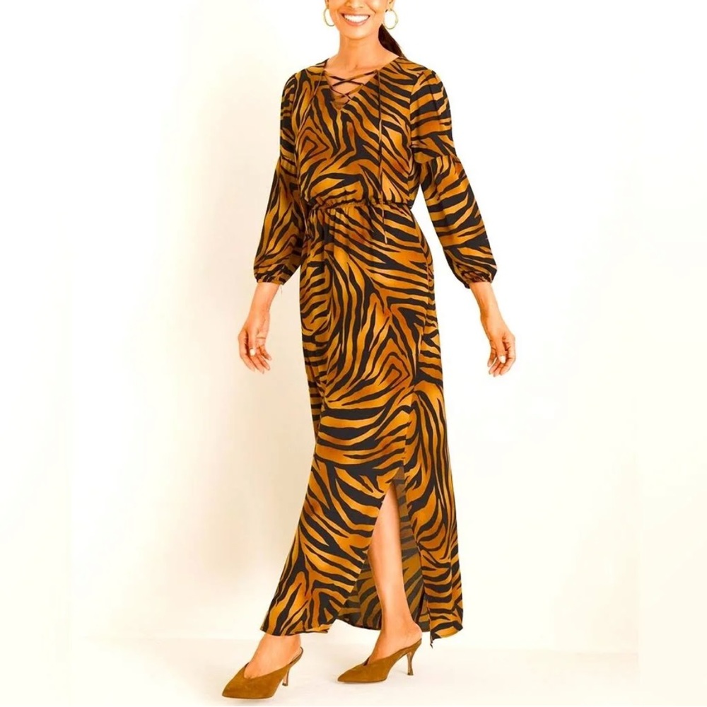 NWT Chico’s Tiger Animal Print Maxi Dress- Empire Waist, 3/4 Sleeve LP/12P